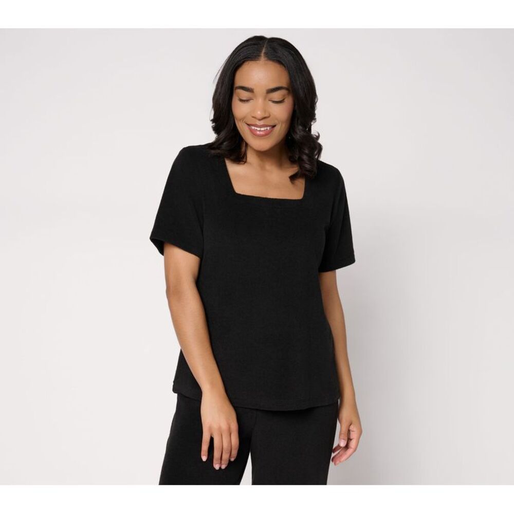 Susan Graver Women's Top Sz S Weekend Terry Square-Neck Cap Sleeve Black